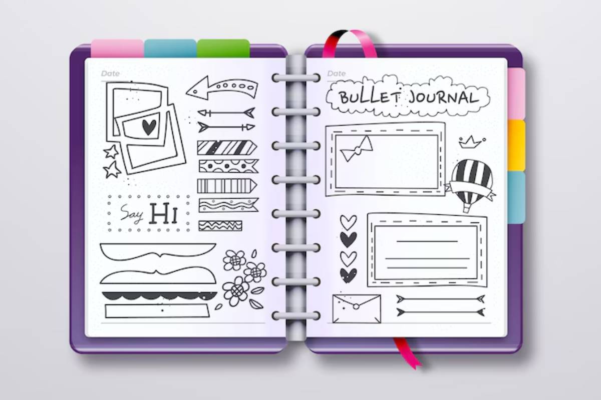 A bullet journal open to pages filled with hand-drawn doodles, frames, and decorative elements in black and white on a purple background.