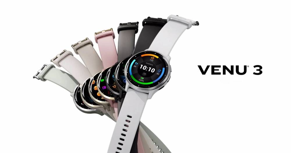 A lineup of Garmin Venu 3 smartwatches in various colors, displaying vibrant watch faces with fitness tracking features.