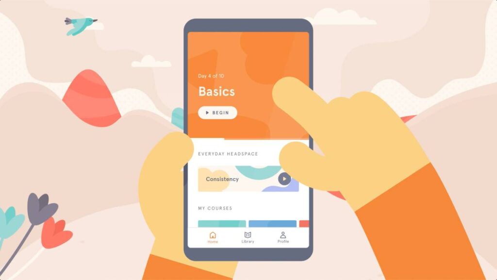 A hand interacts with a smartphone displaying a mindfulness app's 'Basics' course and navigation options, set against a colorful backdrop.