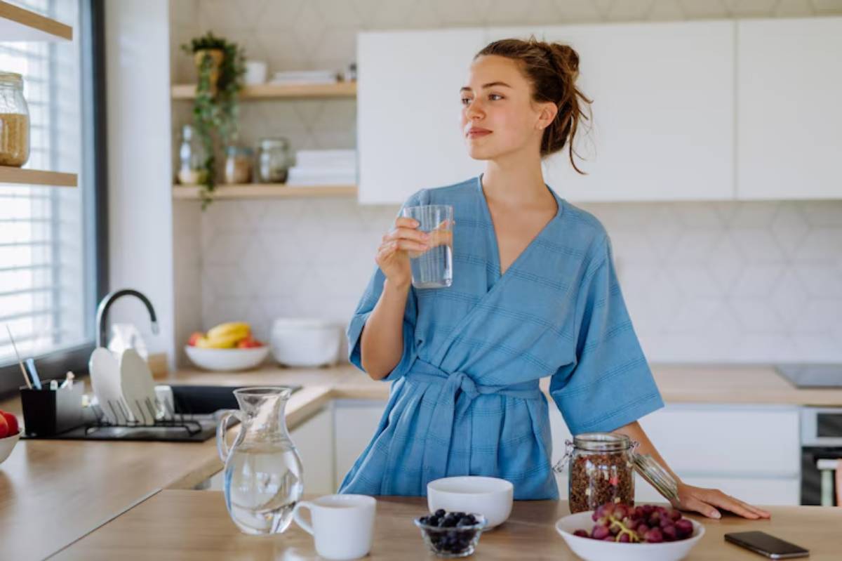 A woman in a blue robe holds a glass of water in a modern kitchen with bowls of fruit and a pitcher on the counter.