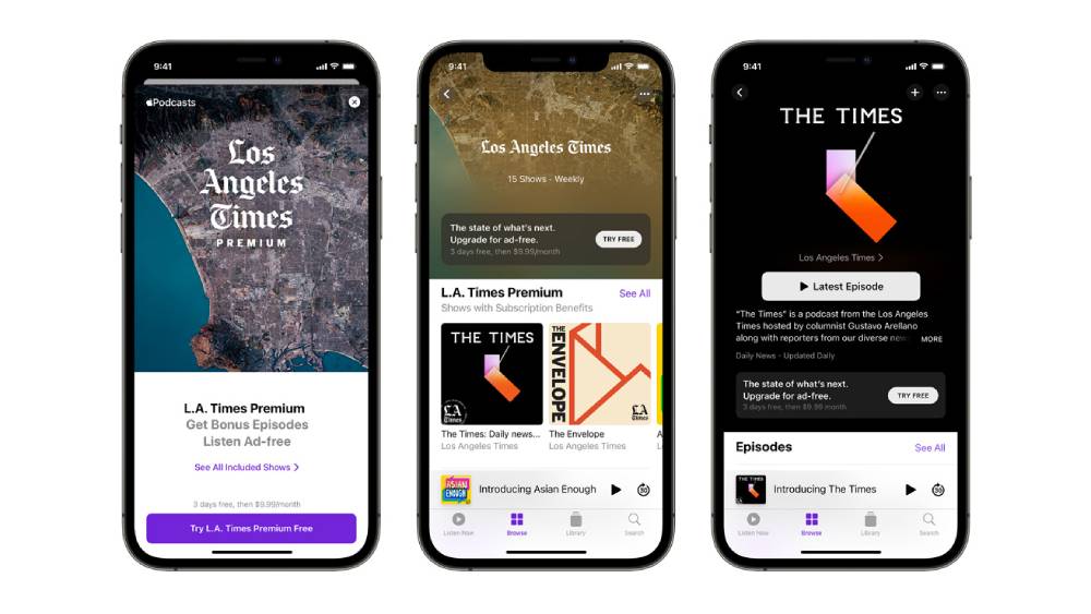 Screenshots of three iPhone screens displaying the Los Angeles Times podcast app, highlighting premium features and episodes.