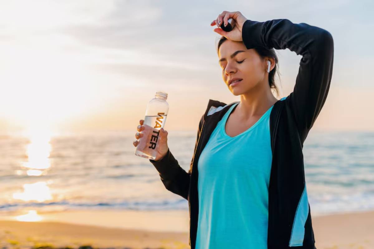 A person in a turquoise workout shirt holds a clear water bottle while exercising by the beach at sunset.