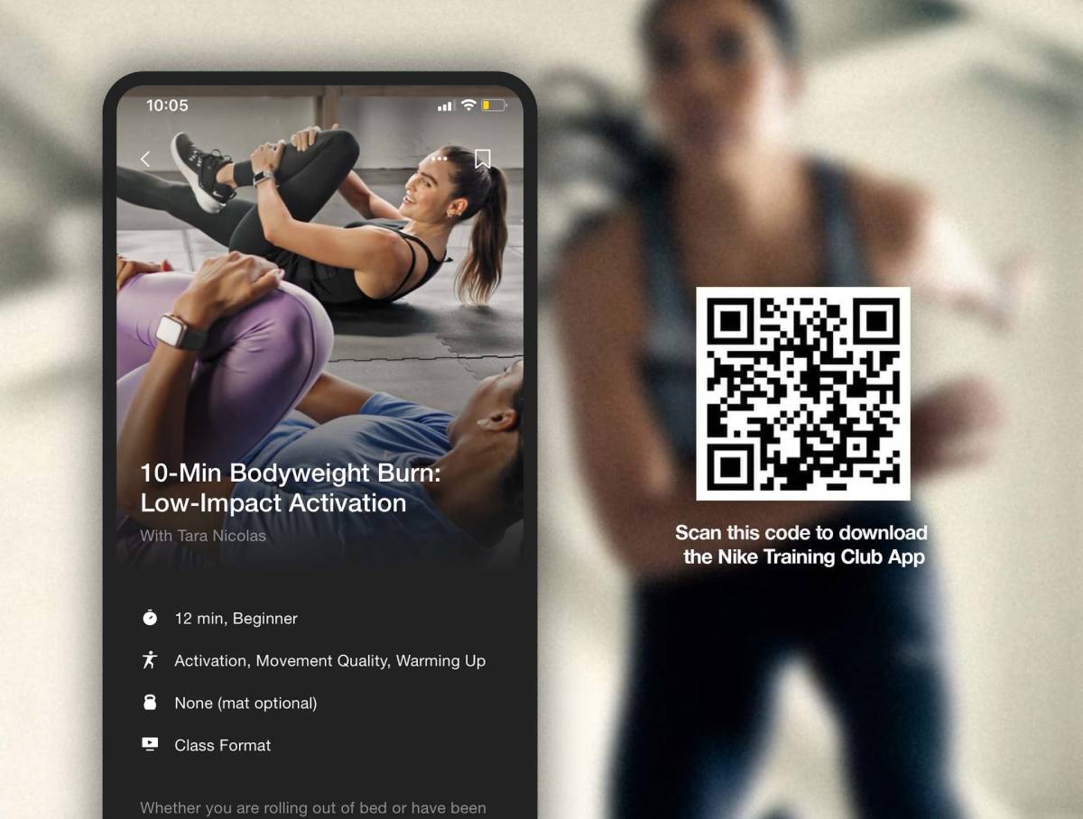 A smartphone displays a workout overview for a 10-minute low-impact bodyweight exercise, alongside a QR code for app download.
