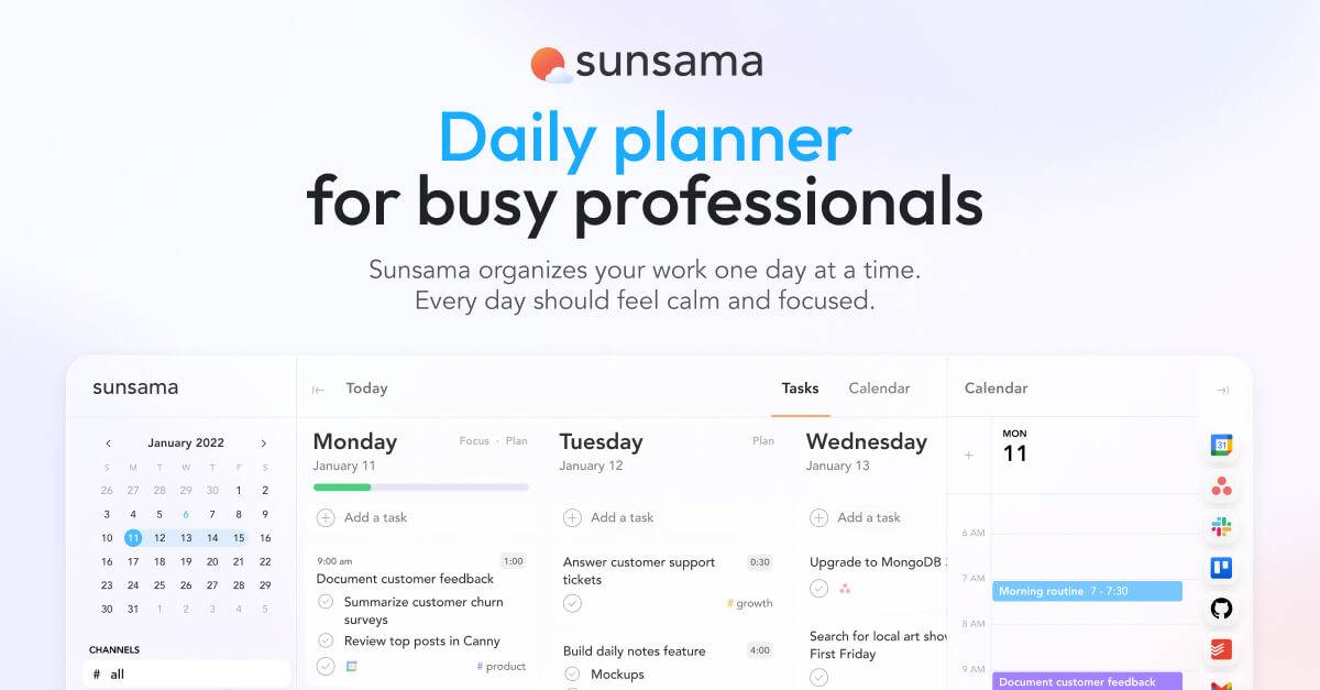 Screenshot of Sunsama, a daily planner for busy professionals, showcasing task organization and calendar view for January 2022.