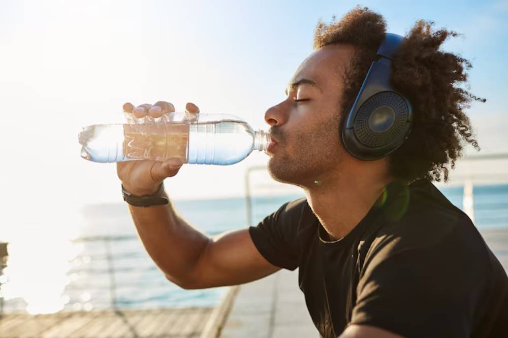 A person in a black t-shirt wears headphones while drinking water from a bottle, with a scenic waterfront in the background.