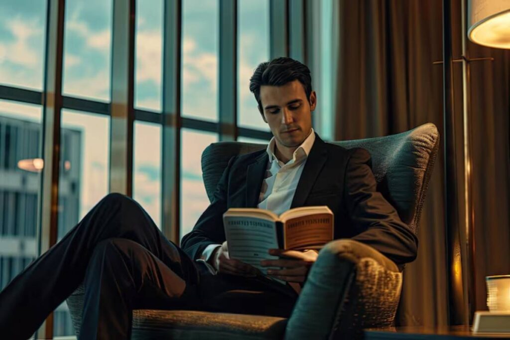 A stylish individual in formal attire sits comfortably in an armchair, reading a book by soft ambient light with a cityscape view.