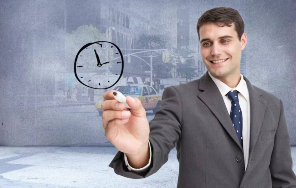 A businessman in a suit holds a marker, drawing a clock on a gray background with a bustling city scene behind him.